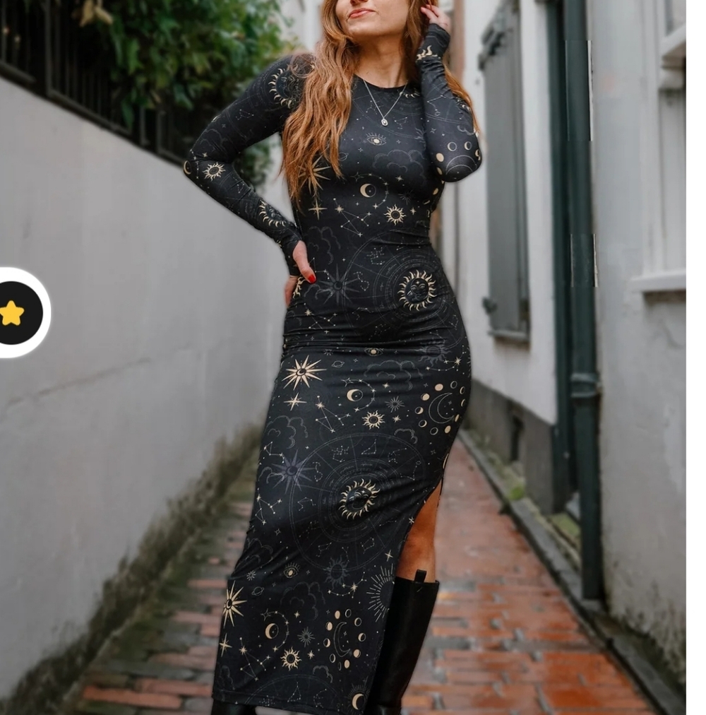 Astrology Print Long Sleeve Maxi Dress - Black & Gold